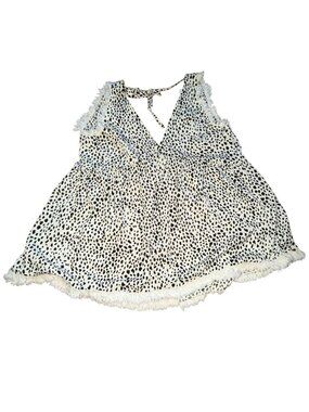 Umgee Animal Print Babydoll Tank With Fringe Detail-Black/Ivory-S-GUC